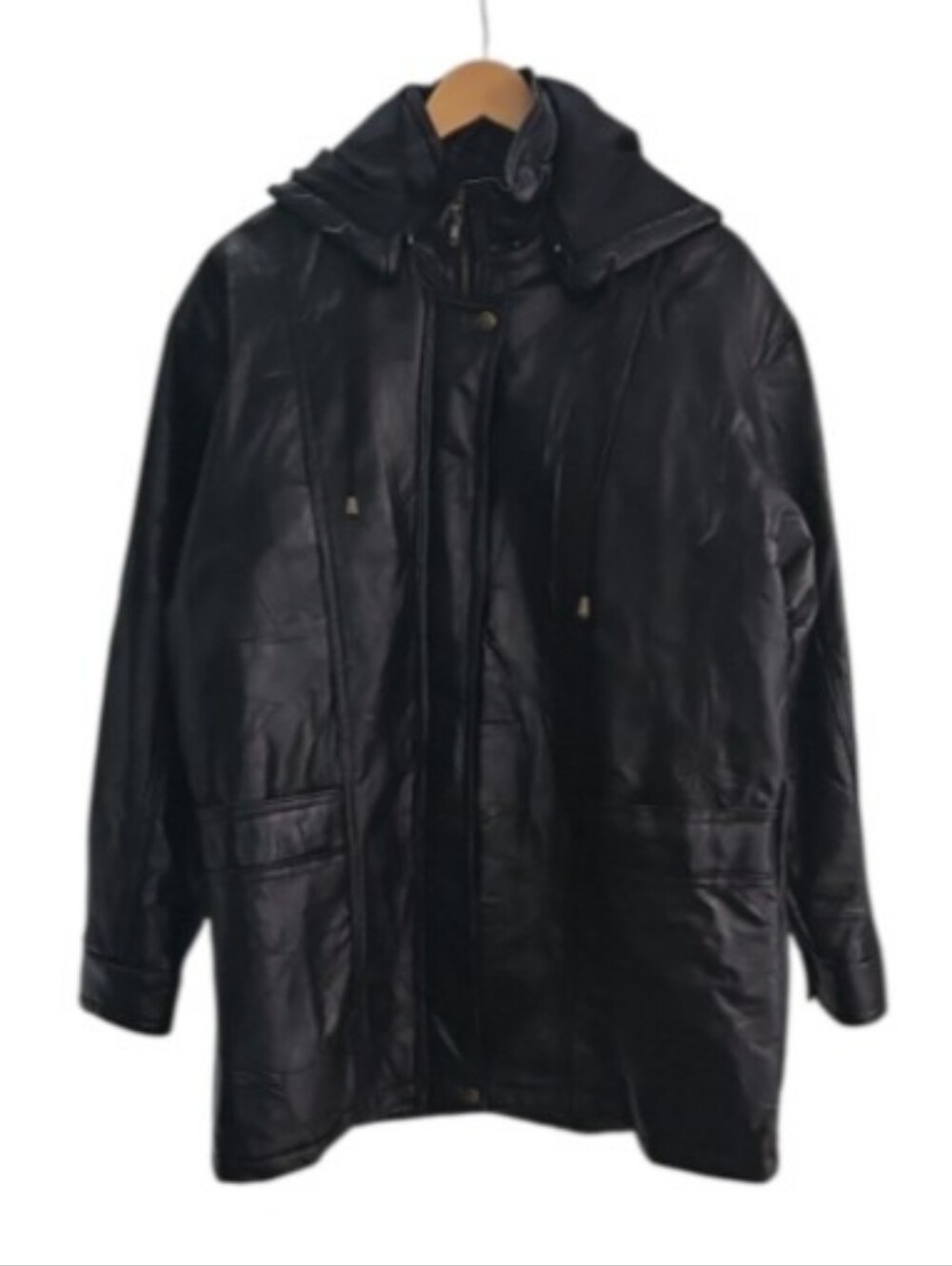 Jocelyn St Vincent Leather Hooded Coat Women XL Black Vintage Long Jacket